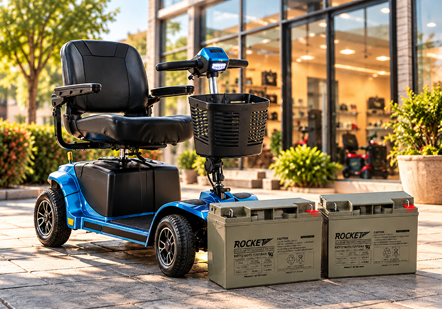 Blue mobility scooter with two replacement batteries outside a storefront