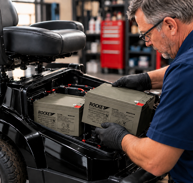 Technician replacing a mobility scooter’s batteries